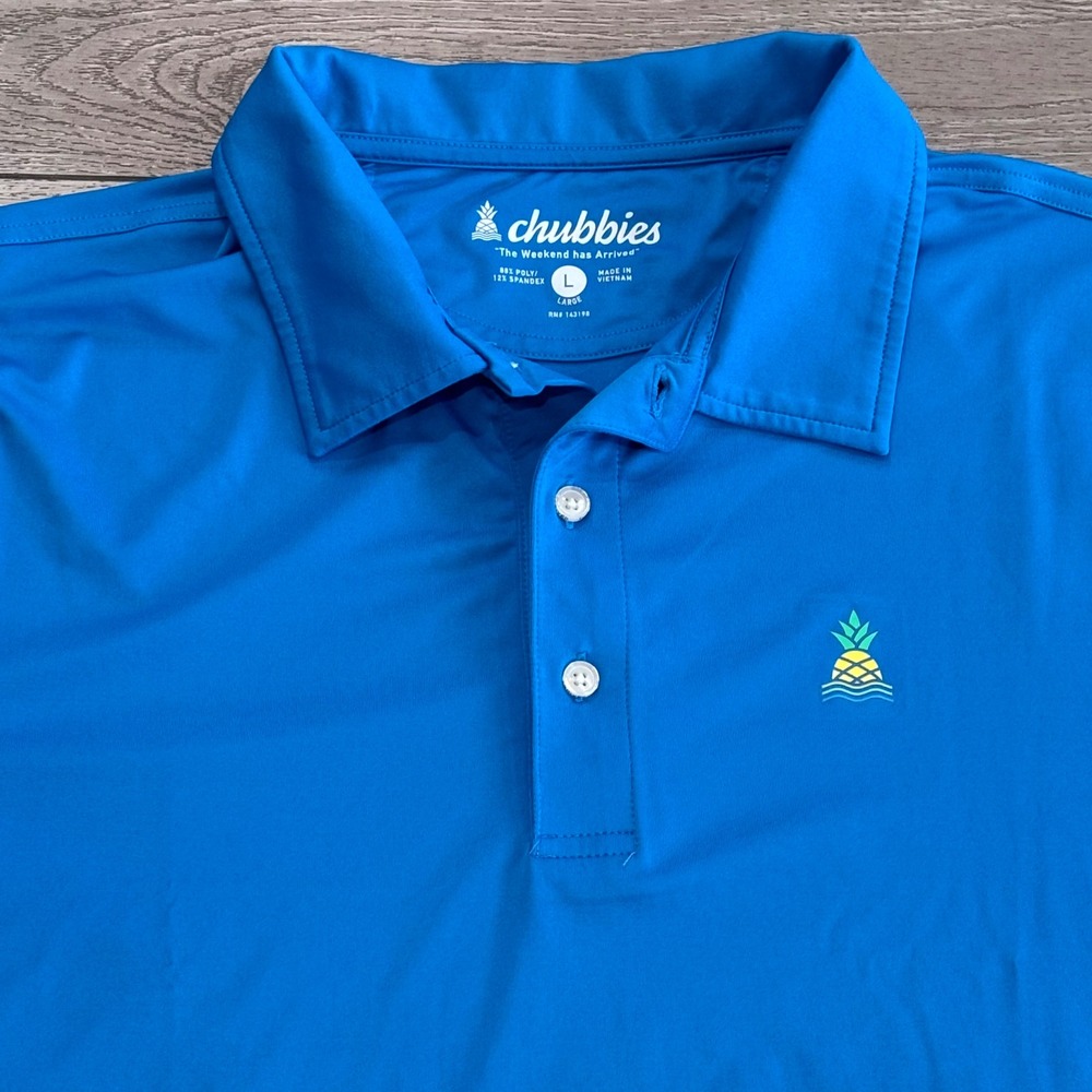 Chubbies Polo Mens Large Blue Pineapple Performance Stretch Golf Preppy Athletic